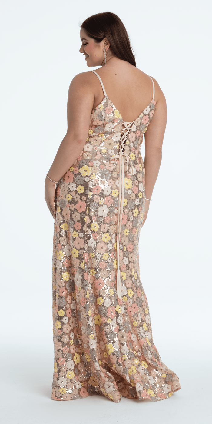 gold-multi/size/14/plus/Camille La Vie/Plunging Sequin Daisy Lace Up Back Trumpet Dress/back