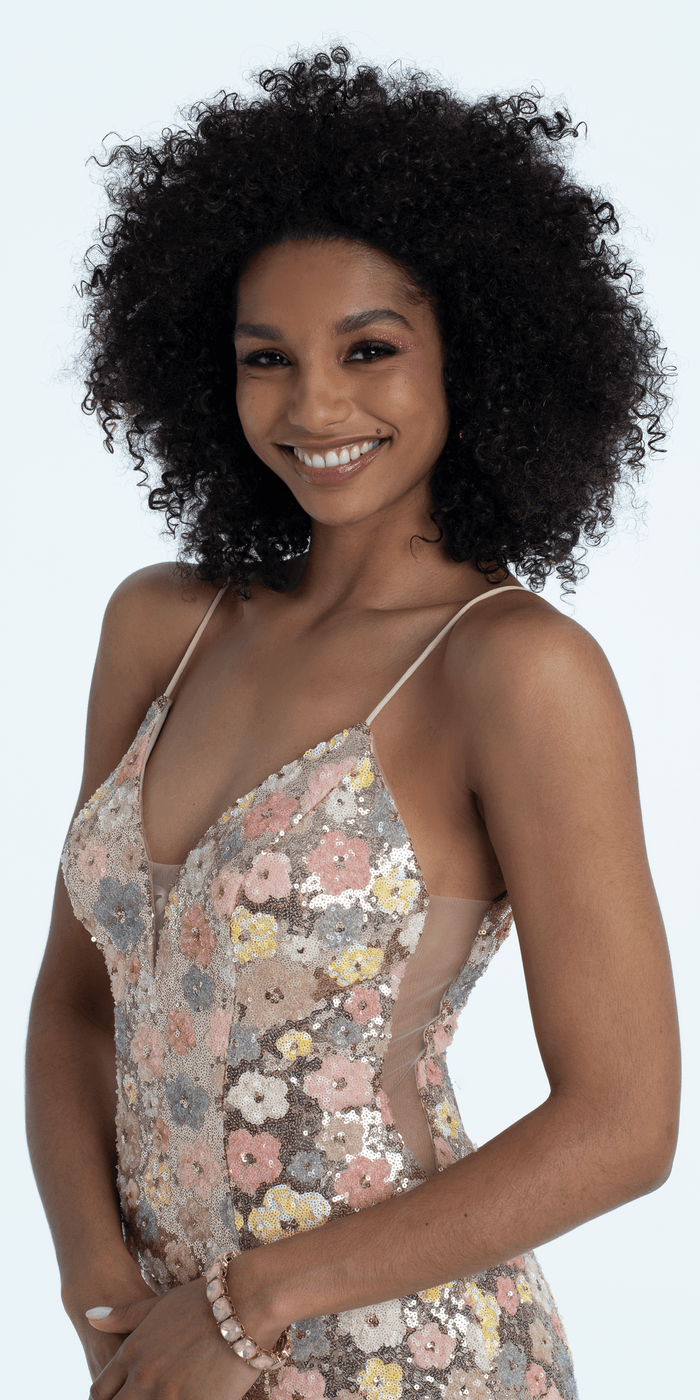 gold-multi/size/4/missy/Camille La Vie/Plunging Sequin Daisy Lace Up Back Trumpet Dress/close up