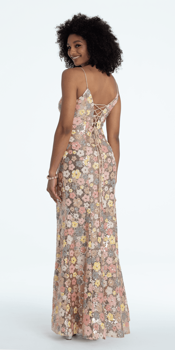 gold-multi/size/4/missy/Camille La Vie/Plunging Sequin Daisy Lace Up Back Trumpet Dress/back