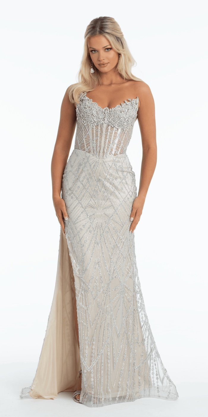 platinum/size/4/missy/Camille La Vie/Pointed Strapless Rhinestone Mesh Column Dress with Side Slit/front