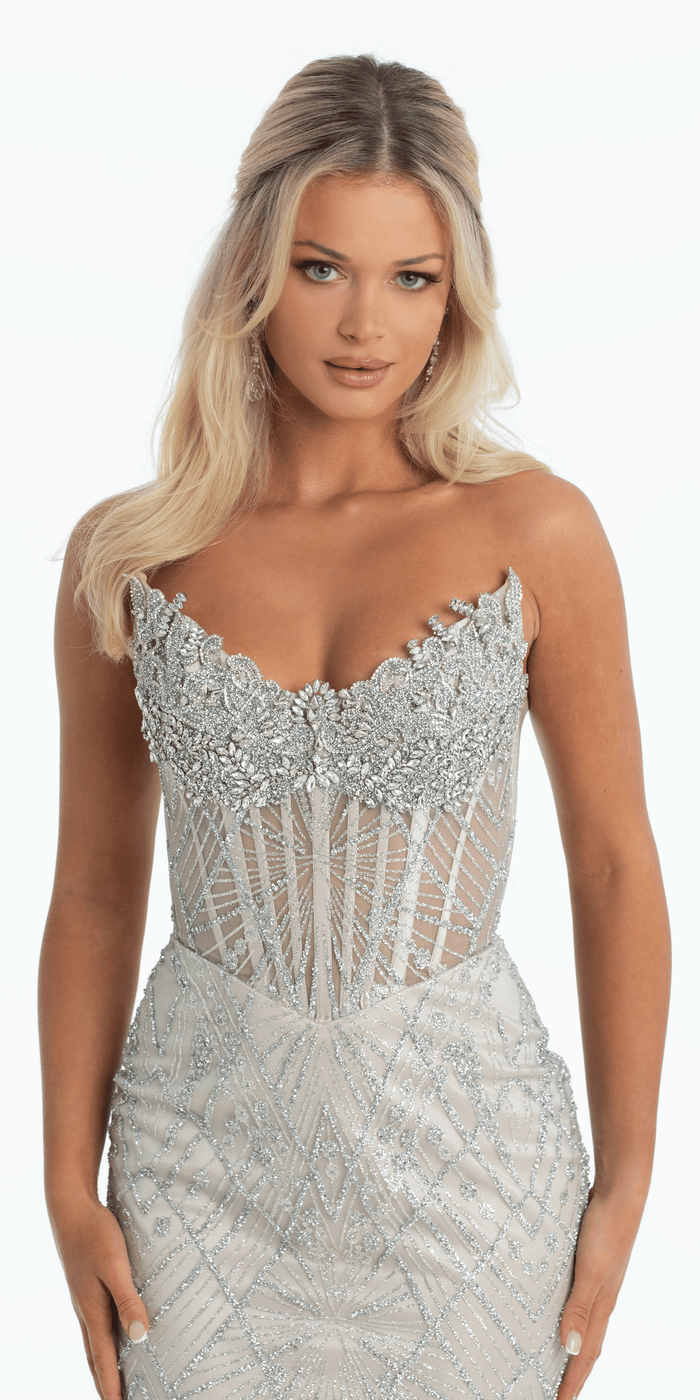 platinum/size/4/missy/Camille La Vie/Pointed Strapless Rhinestone Mesh Column Dress with Side Slit/close up