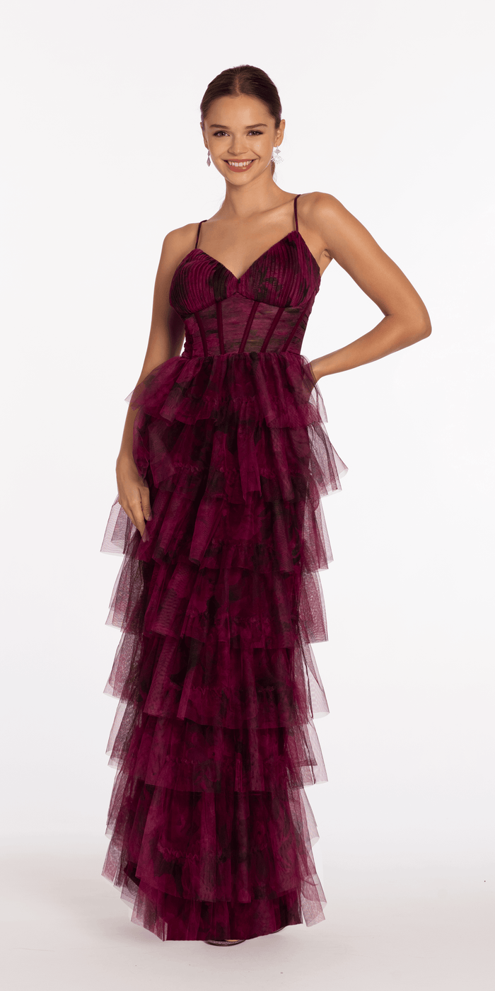 wine/size/4/missy/Camille La Vie/Print Mesh Sweetheart Corset Tiered Dress /front
