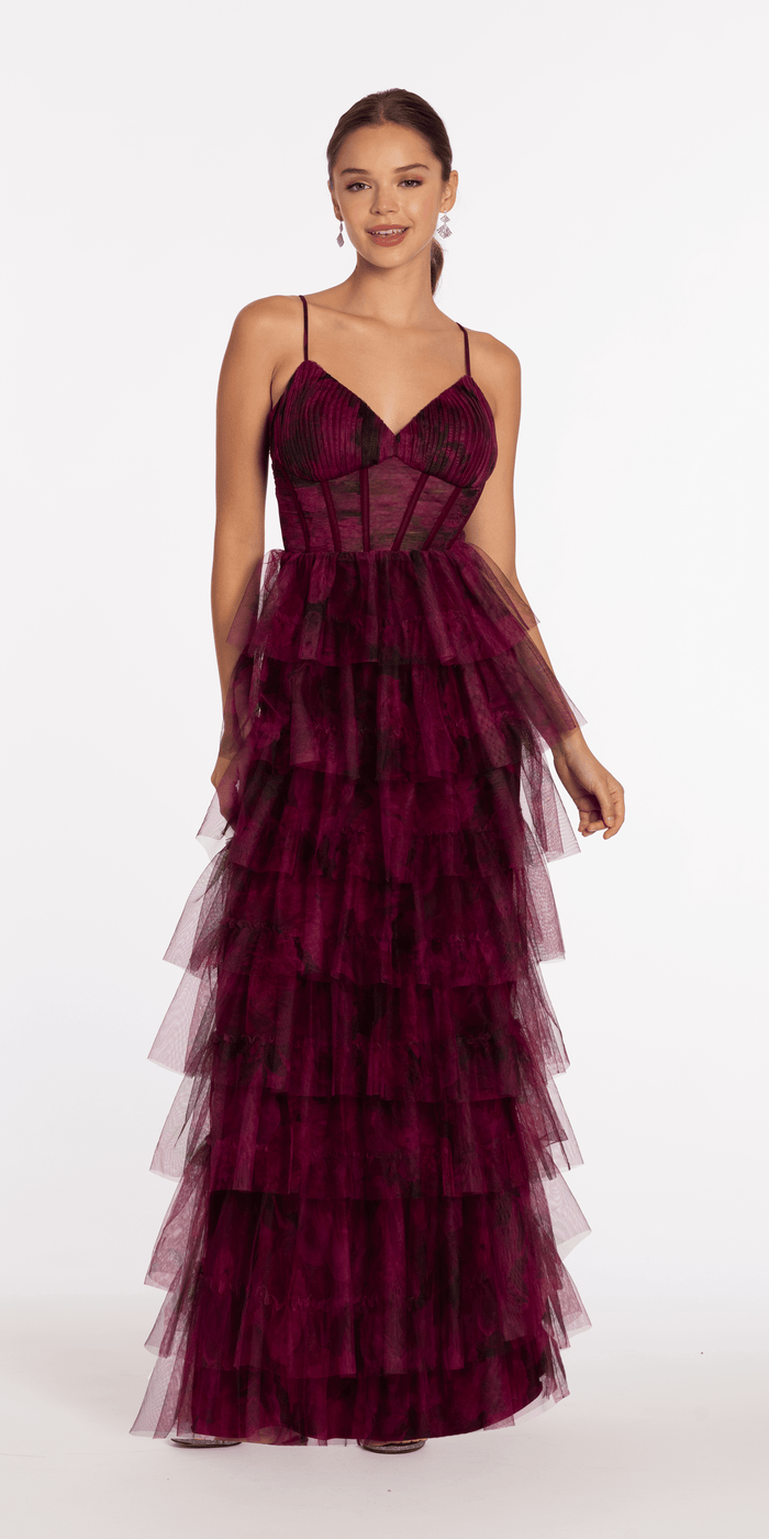 wine/size/4/missy/Camille La Vie/Print Mesh Sweetheart Corset Tiered Dress /front alt