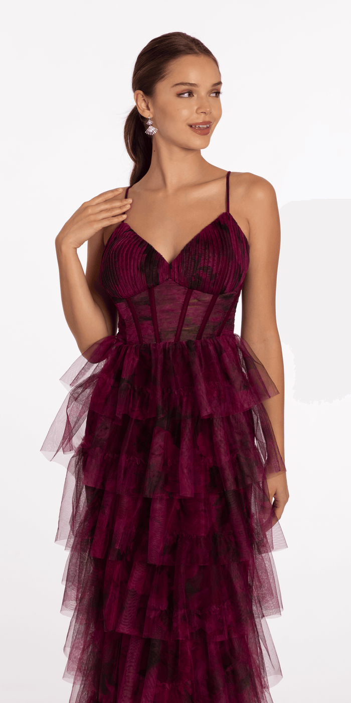 wine/size/4/missy/Camille La Vie/Print Mesh Sweetheart Corset Tiered Dress /close up