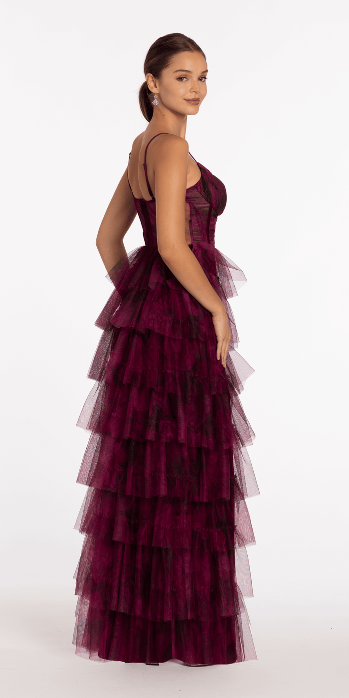 wine/size/4/missy/Camille La Vie/Print Mesh Sweetheart Corset Tiered Dress /back