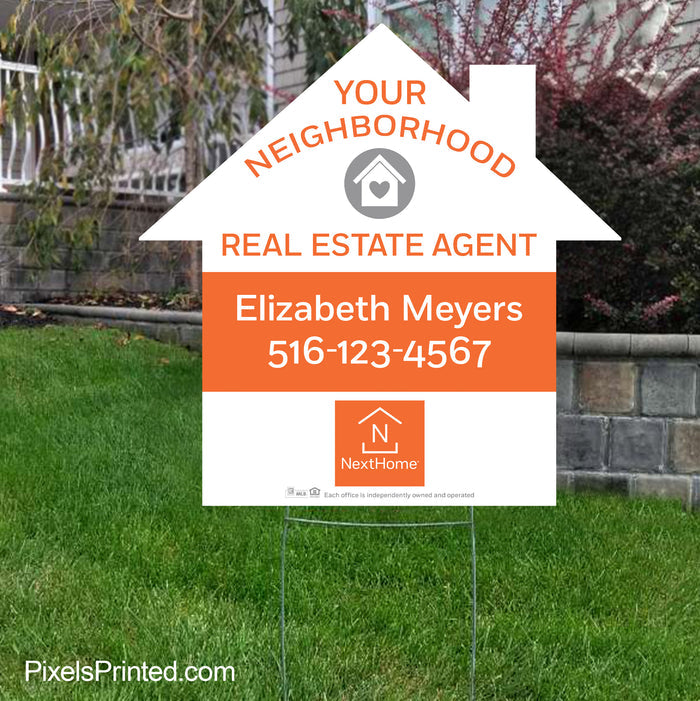 Sleek, house-shaped professional sign for real estate agent neighborhood marketing.