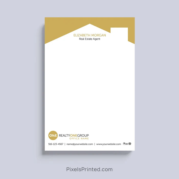 Realty ONE Group realtor notepad with house roof design and personalized branding