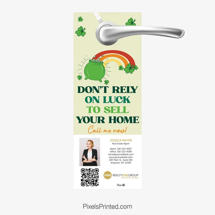 St. Patrick’s Day door hanger for realtors encouraging strategic home selling