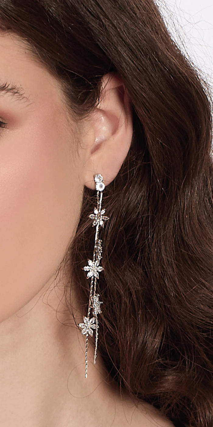 silver/one size/Camille La Vie/Rhinestone Daisy Double Stand Earrings /model close up