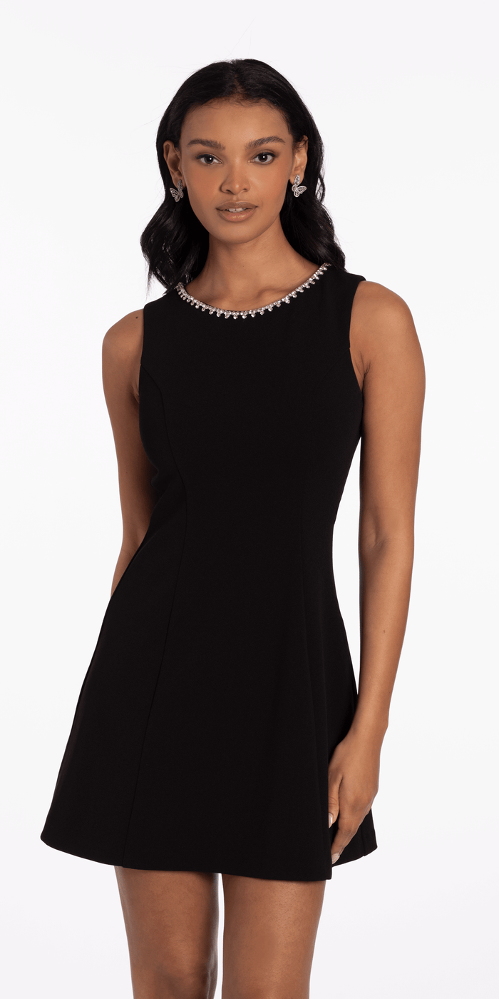 black/size/4missy/Camille La Vie/Rhinestone Open Heart Back Scuba Skater Dress/front