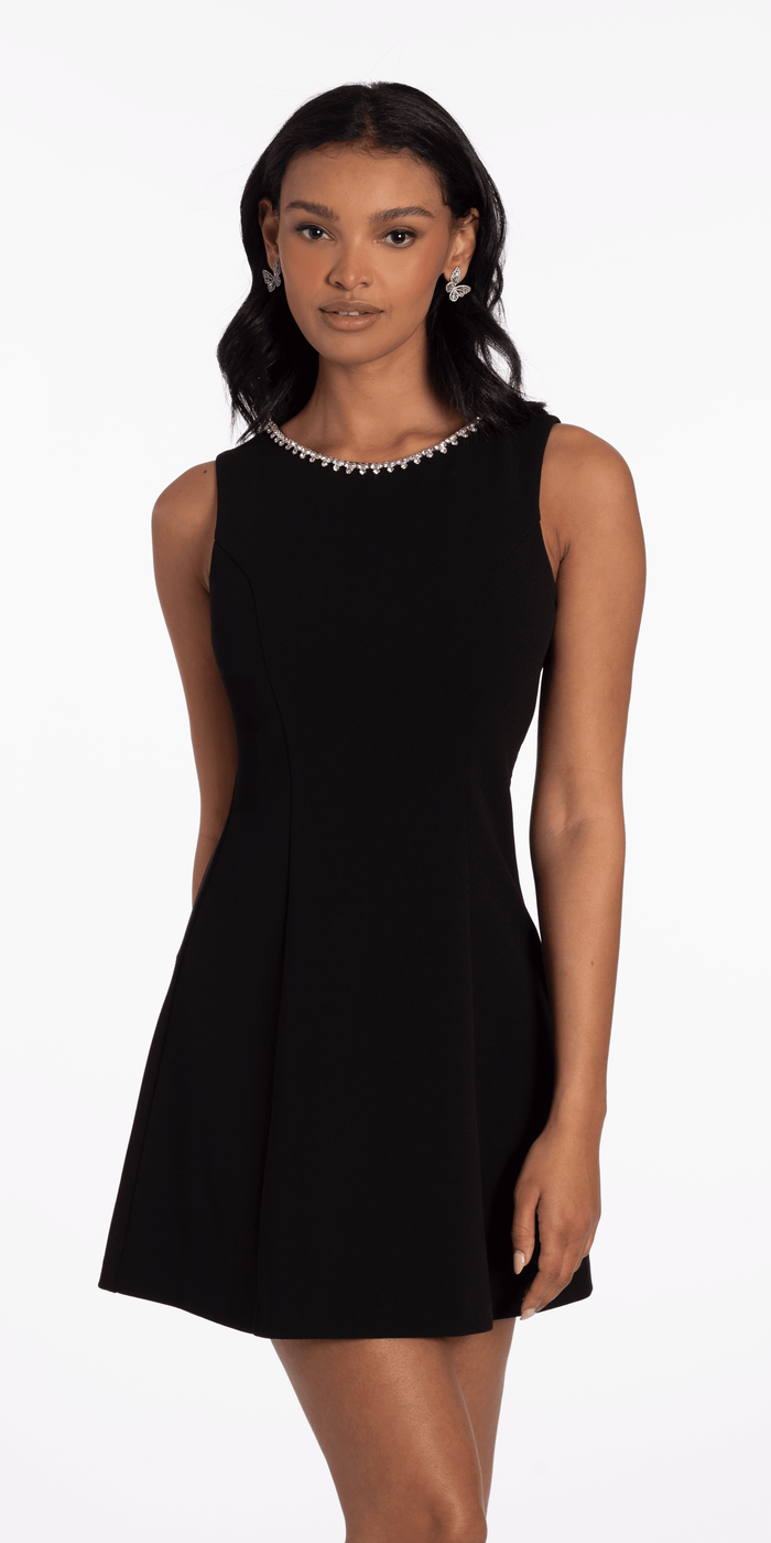 black/size/4missy/Camille La Vie/Rhinestone Open Heart Back Scuba Skater Dress/front alt