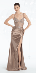 Rhinestone Satin Corset Trumpet Dress with Side Silt - Camille La Vie