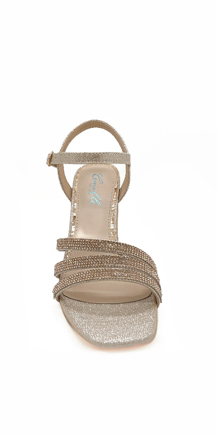 champagne/size/6/ Camille La Vie/Rhinestone Strappy Block Heel Glitter Sandal /front