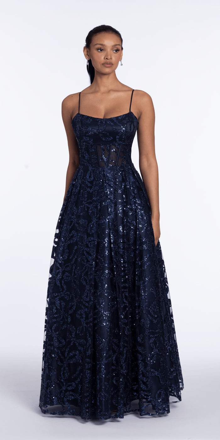 navy/size/4/missy/Camille La Vie/Ribbon Sequin Square Neck Corset Ballgown/front