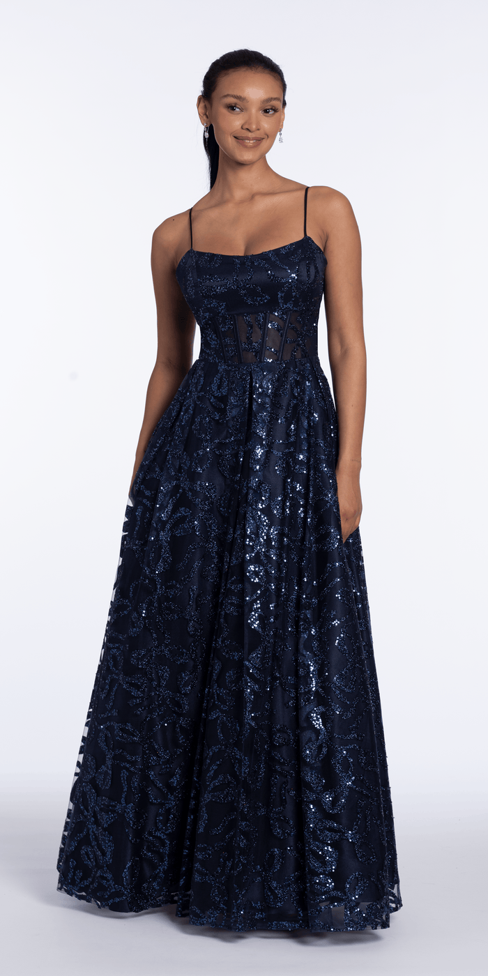 Ribbon Sequin Square Neck Corset Ballgown - Camille La Vie
