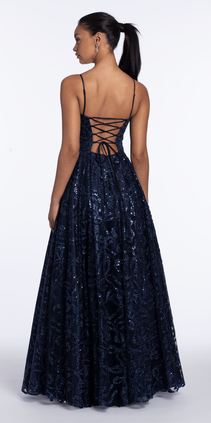 navy/size/4/missy/Camille La Vie/Ribbon Sequin Square Neck Corset Ballgown/back