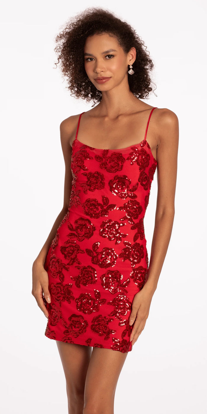 red/size/4/missy/Camille La Vie/Rose Pattern Sequin Lace Up Back Bodycon Dress /front alt