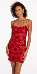 red/size/4/missy/Camille La Vie/Rose Pattern Sequin Lace Up Back Bodycon Dress /front alt
