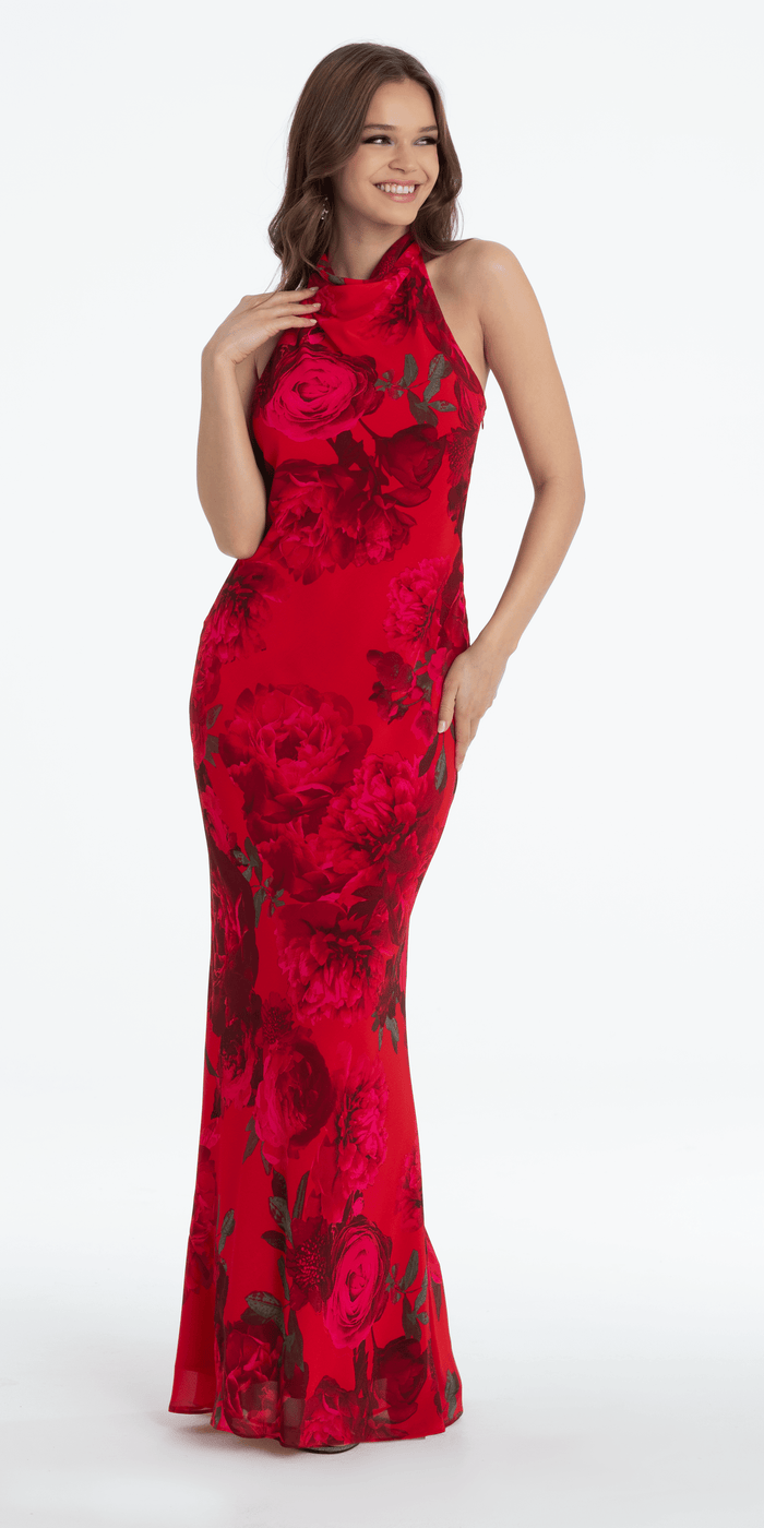 red/size/4/missy/Camille La Vie/Rose Print Cowl Neck Tie Back Halter Column Dress/front