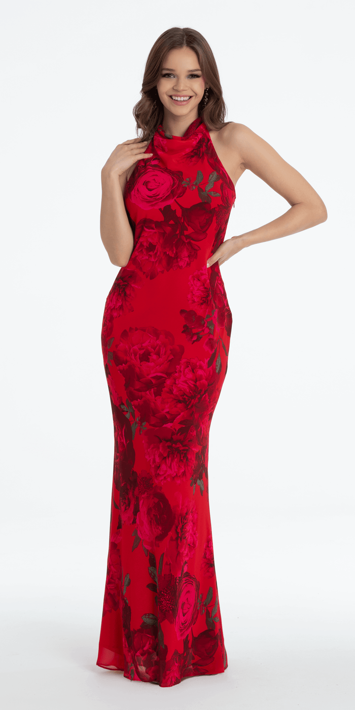 red/size/4/missy/Camille La Vie/Rose Print Cowl Neck Tie Back Halter Column Dress/front alt