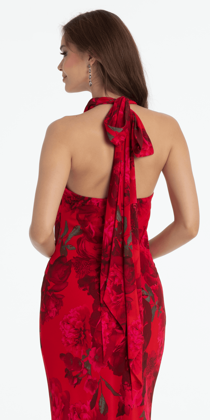 red/size/4/missy/Camille La Vie/Rose Print Cowl Neck Tie Back Halter Column Dress/alt