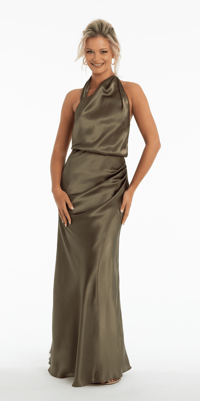 olive/size/4/missy/Camille La Vie/Satin Asymmetrical Neck Blouson Column Dress with Back Ruching/ front 1