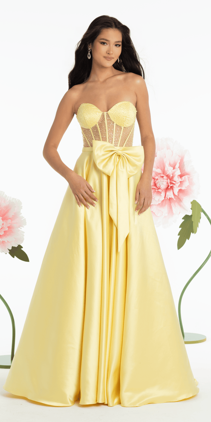 yellow/size/4/missy/ Camille La Vie/Satin Beaded Bow Corset Ballgown with Pockets/ front