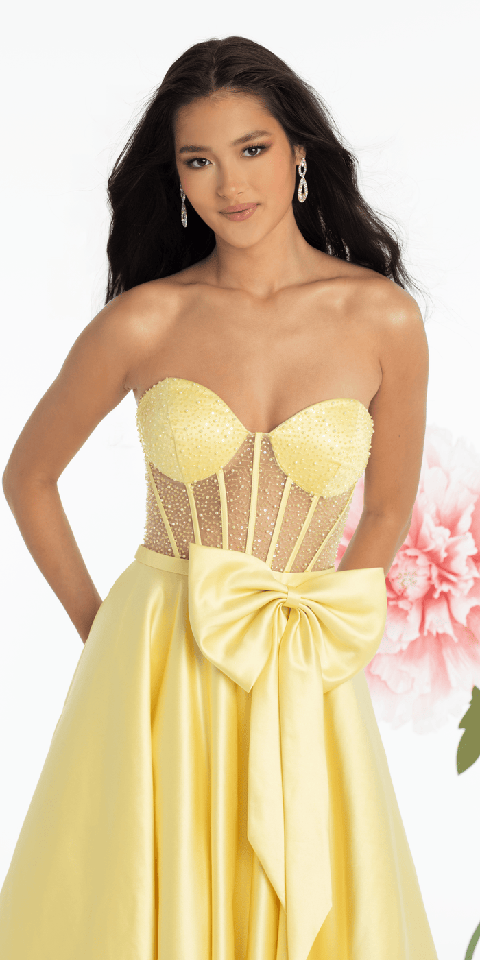yellow/size/4/missy/ Camille La Vie/Satin Beaded Bow Corset Ballgown with Pockets/close up