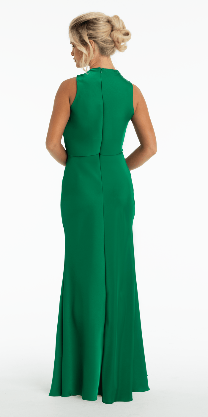 Satin Blouson Column Dress with Asymmetrical Neckline - Camille La Vie