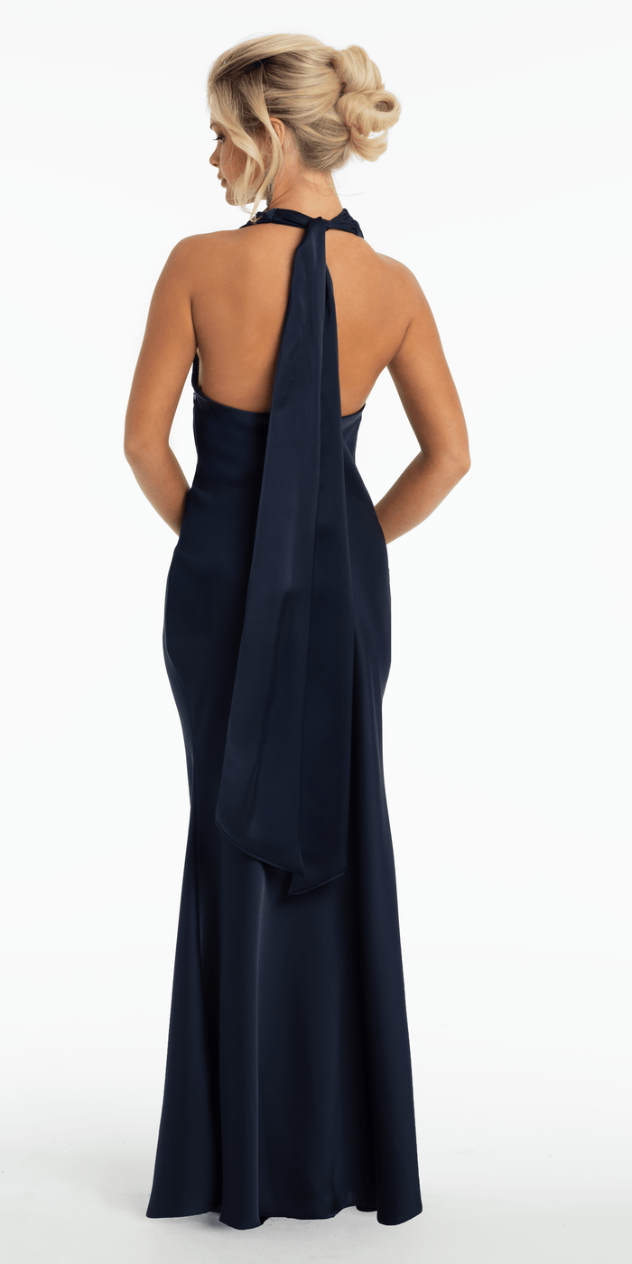 navy/size/4/missy/Camille La Vie/Satin Drape Halter Tie Neck Column Dress with Brooch/back
