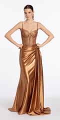 gold/size/4/missy/Camille La Vie/Satin Embellished Corset Column Dress with Side Drape/front alt