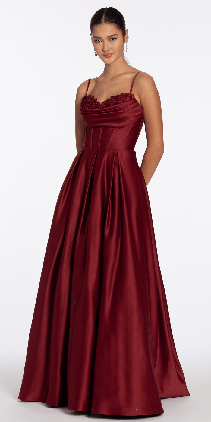 wine/size/4/missy/Camille La Vie/Satin Embroidered Sweetheart Corset Ballgown with Pockets/front