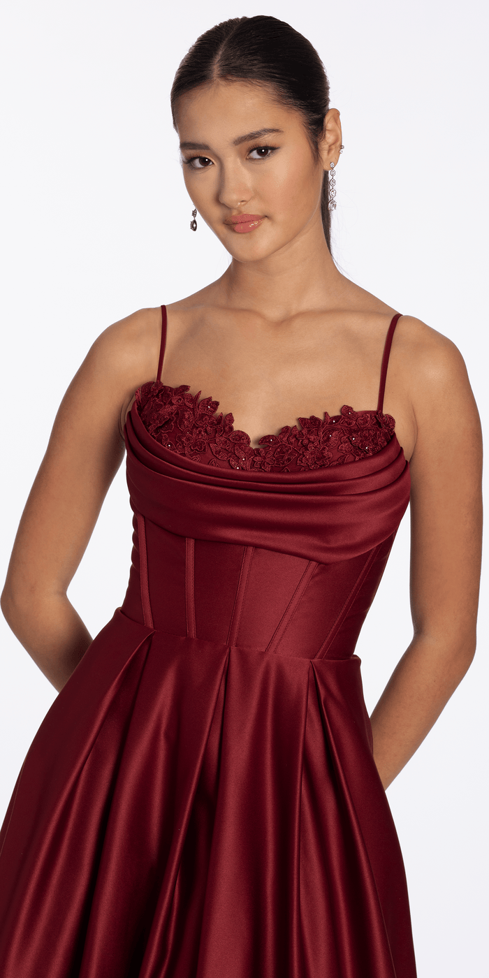 wine/size/4/missy/Camille La Vie/Satin Embroidered Sweetheart Corset Ballgown with Pockets/close up