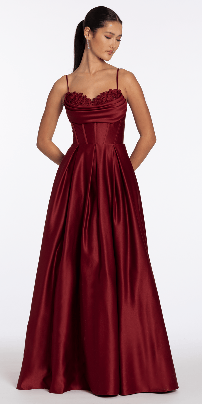 wine/size/4/missy/Camille La Vie/Satin Embroidered Sweetheart Corset Ballgown with Pockets/front alt