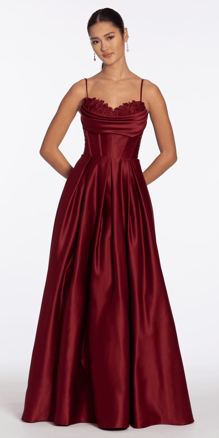 wine/size/4/missy/Camille La Vie/Satin Embroidered Sweetheart Corset Ballgown with Pockets/front alt 2