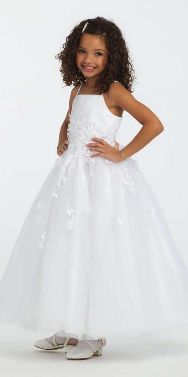 white/size/5/missy/Camille La Vie/Satin Floral Applique Fit and Flare Flower Girl Dress/front 2