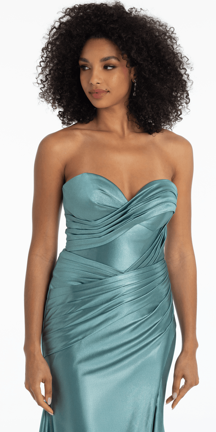 sage/size/4/ missy/Camille La Vie/Satin Foil Strapless Sweetheart Column Dress with Cross Over Ruching/close up