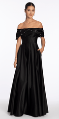 black/size/4/missy/Camille La Vie/Satin Off the Shoulder Ballgown with Rhinestone Bow Detail /front