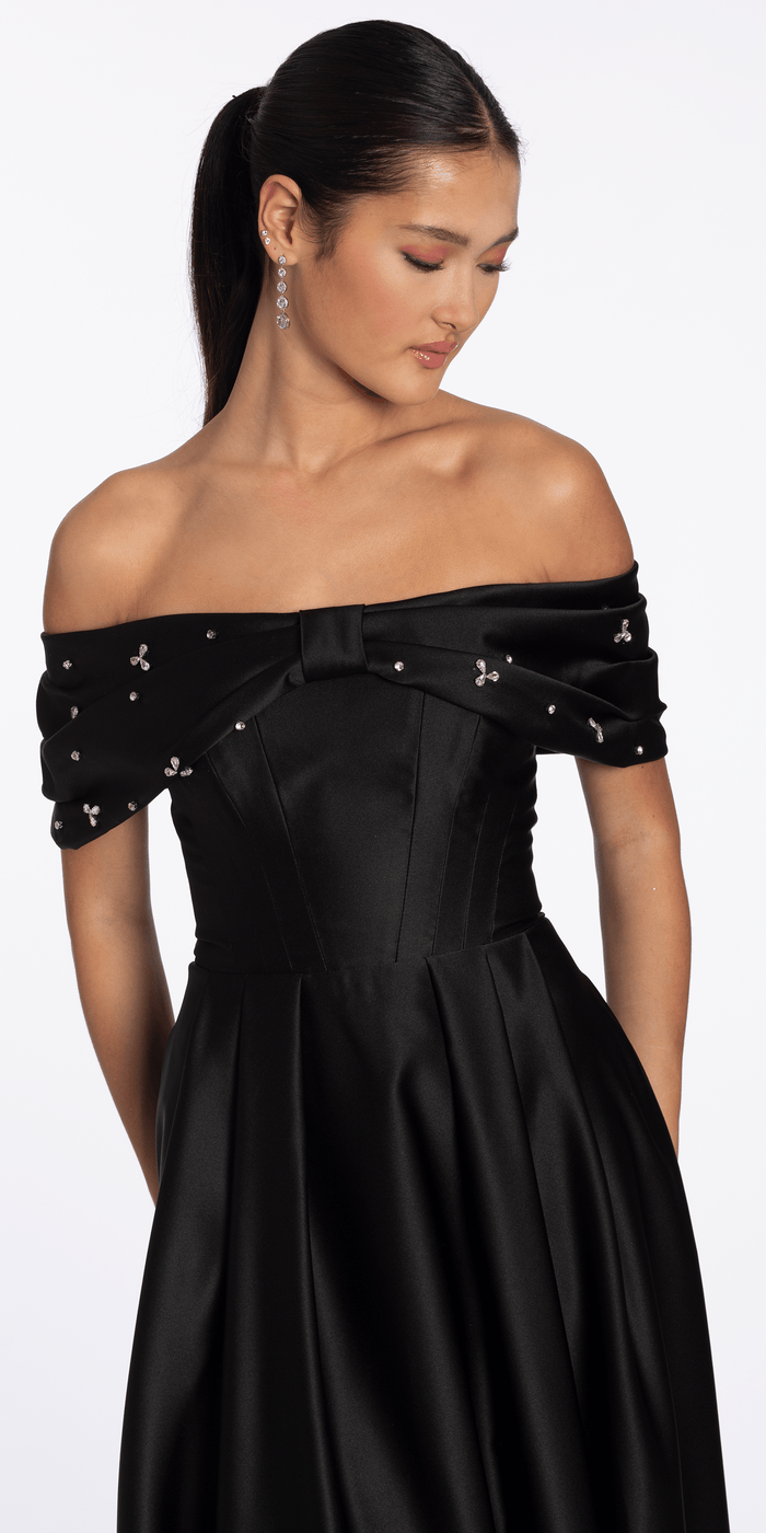 black/size/4/missy/Camille La Vie/Satin Off the Shoulder Ballgown with Rhinestone Bow Detail /close up
