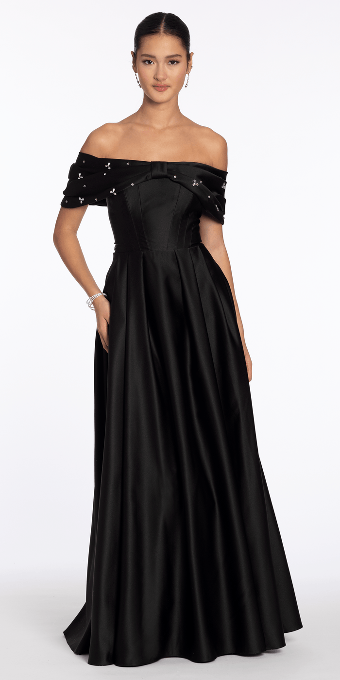 black/size/4/missy/Camille La Vie/Satin Off the Shoulder Ballgown with Rhinestone Bow Detail /black alt