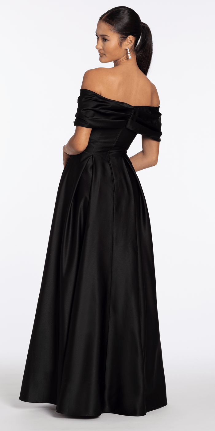 black/size/4/missy/Camille La Vie/Satin Off the Shoulder Ballgown with Rhinestone Bow Detail /back
