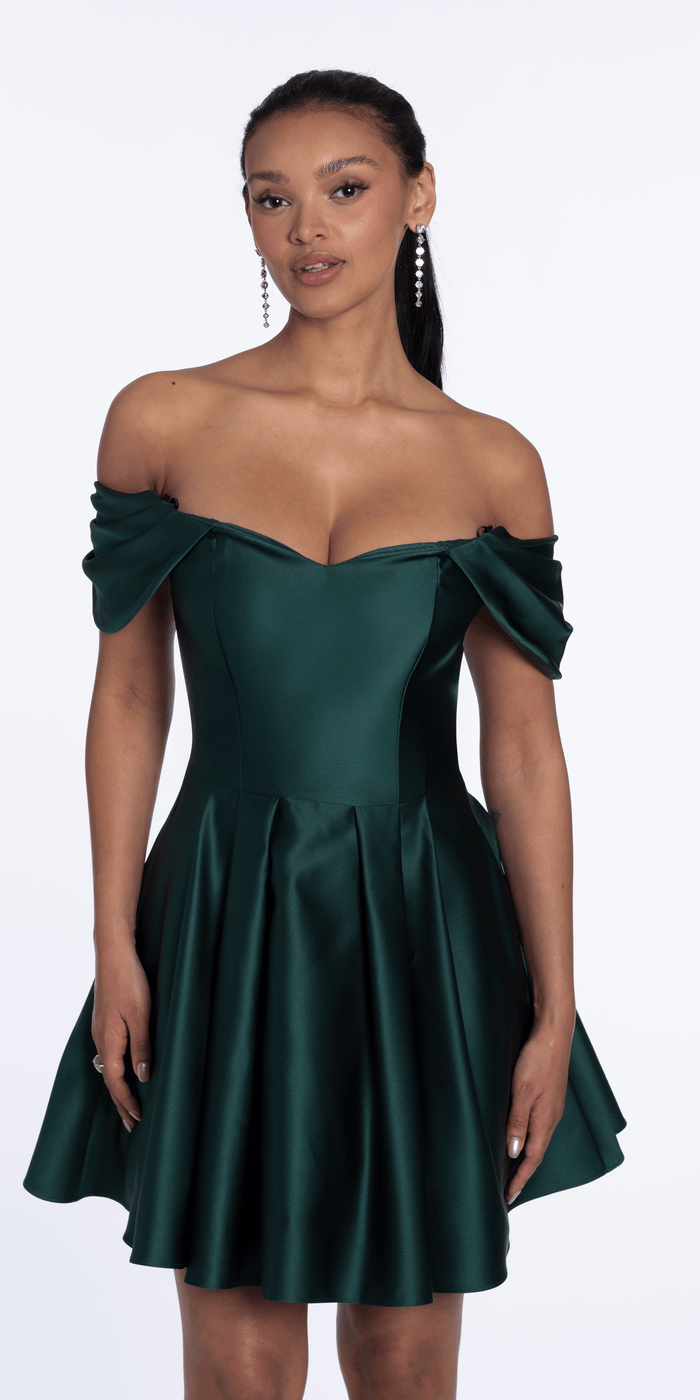Satin Off the Shoulder Fit and Flare Dress with Princess Pleats - Camille La Vie
