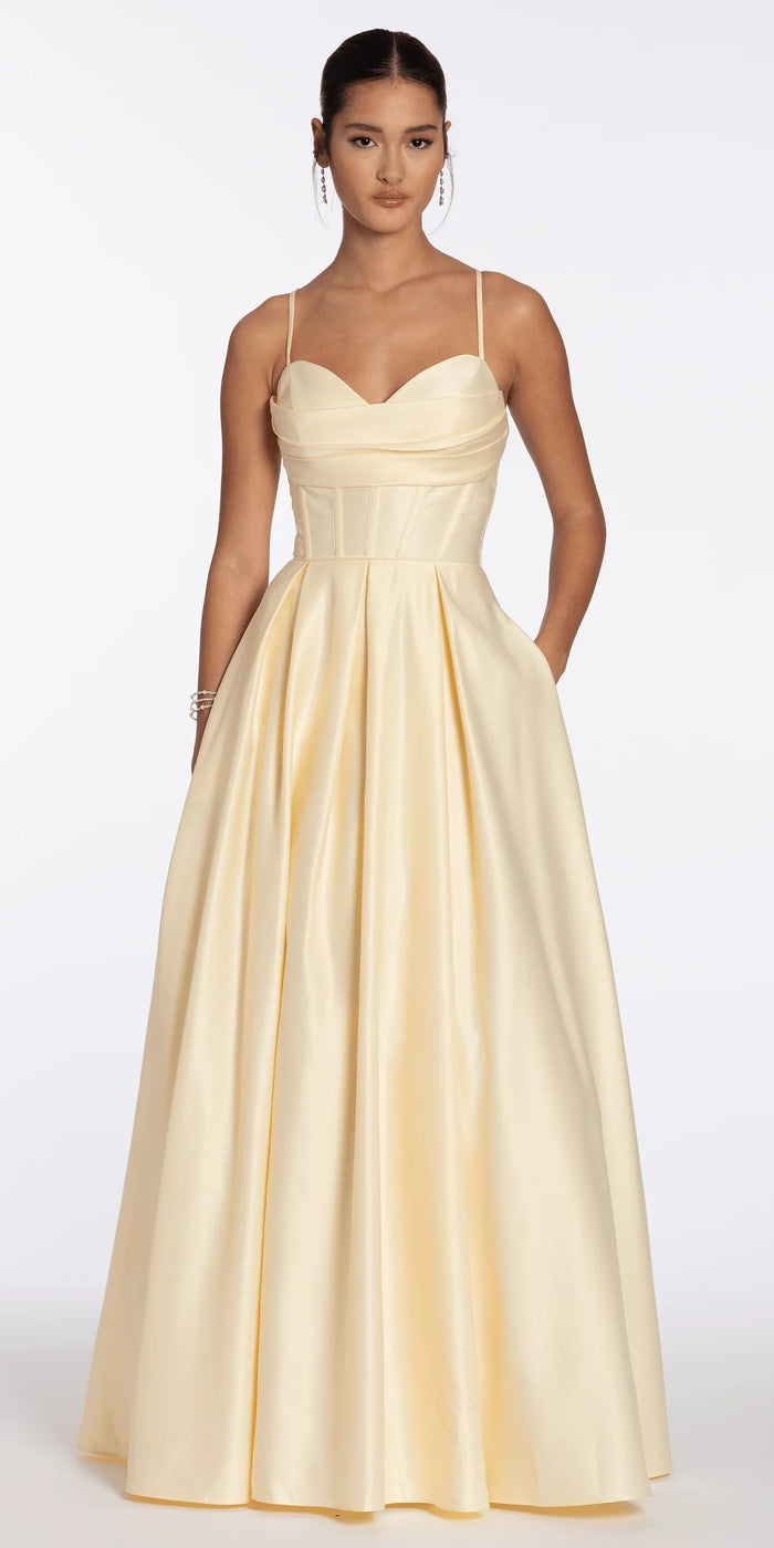butter/size/4/missy/Camille La Vie/Satin Pleated Sweetheart Lace Up Ballgown with Pockets/front