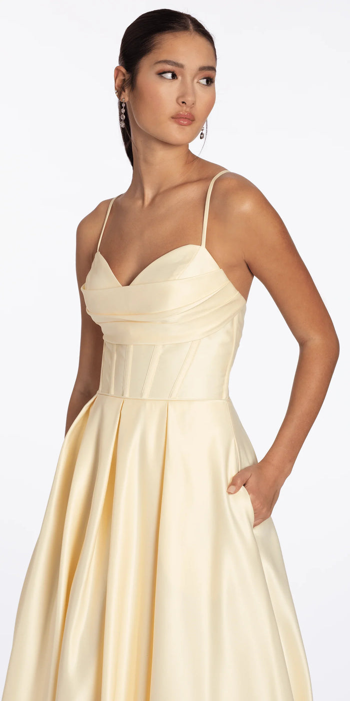 butter/size/4/missy/Camille La Vie/Satin Pleated Sweetheart Lace Up Ballgown with Pockets/close up