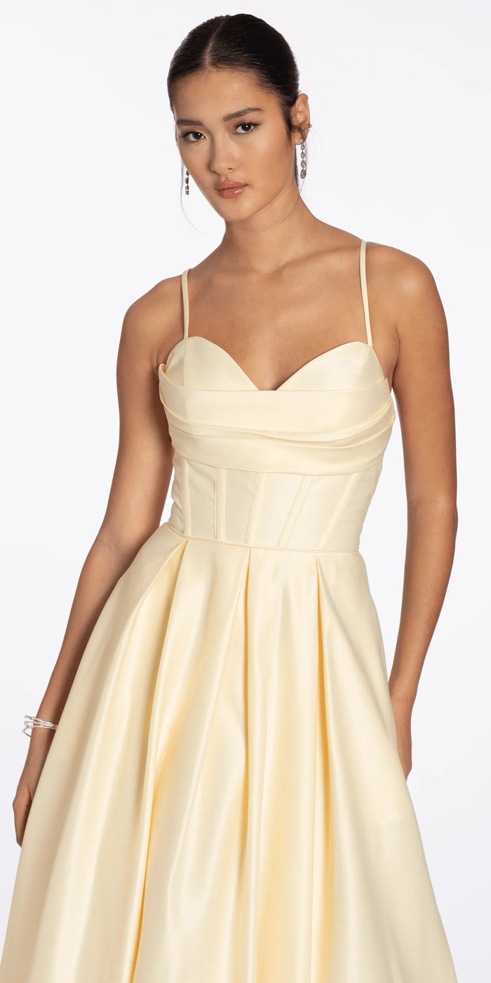 butter/size/4/missy/Camille La Vie/Satin Pleated Sweetheart Lace Up Ballgown with Pockets/close up alt