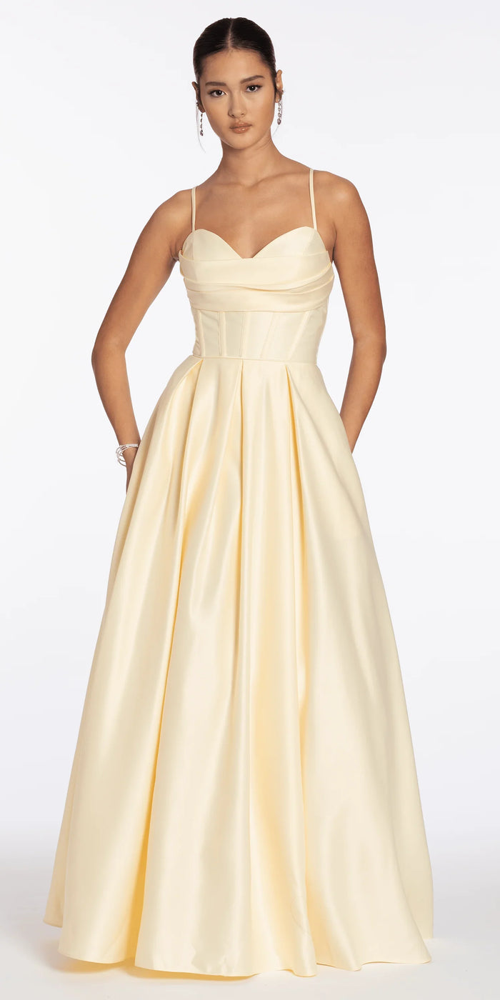 butter/size/4/missy/Camille La Vie/Satin Pleated Sweetheart Lace Up Ballgown with Pockets/front alt