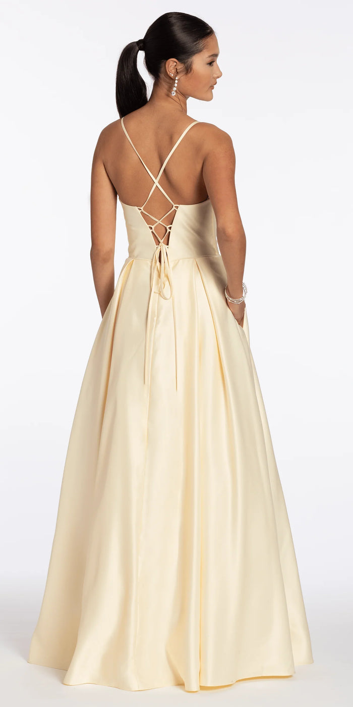 butter/size/4/missy/Camille La Vie/Satin Pleated Sweetheart Lace Up Ballgown with Pockets/back