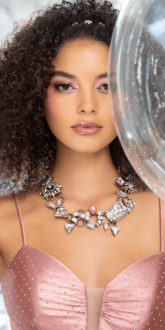 rose/size/4/missy/ Camille La Vie/Satin Plunge Trumpet Dress with Side Ruching and Heat Set Stones/lifestyle close up