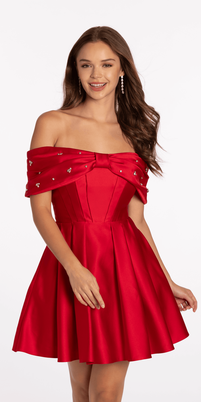 red/size/4/missy/Camille La Vie/Satin Rhinestone Bow Off the Shoulder Skater Dress/front