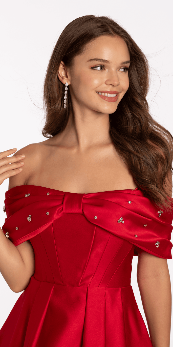 red/size/4/missy/Camille La Vie/Satin Rhinestone Bow Off the Shoulder Skater Dress/close up